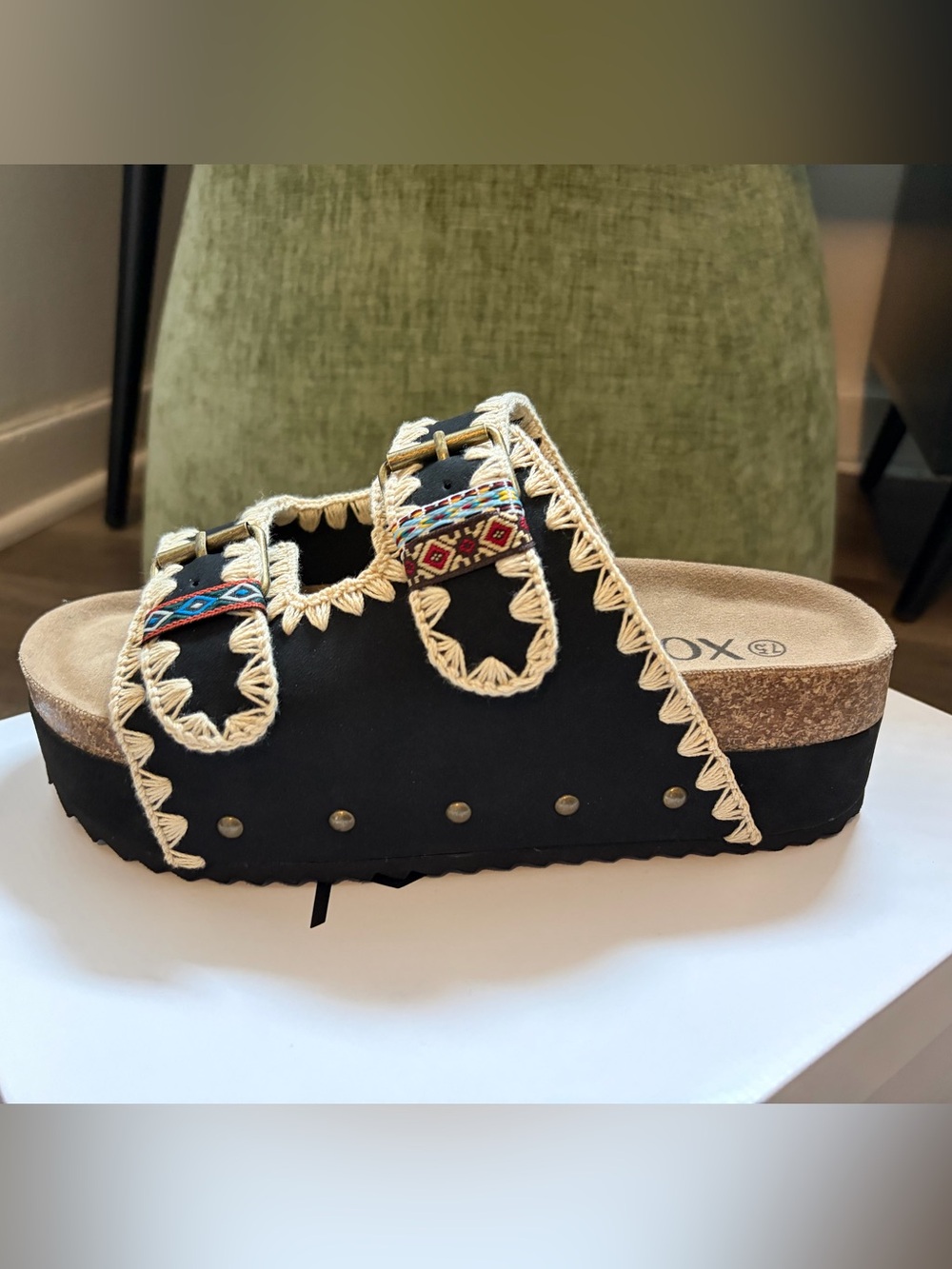 XOXO Black Platform Slide Sandals with Natural Crochet Trim